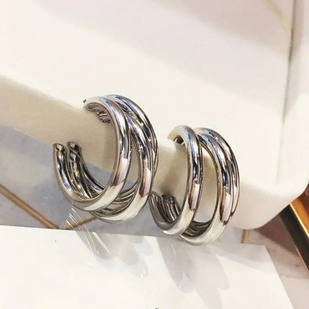 Triple Hoop Silver Earrings